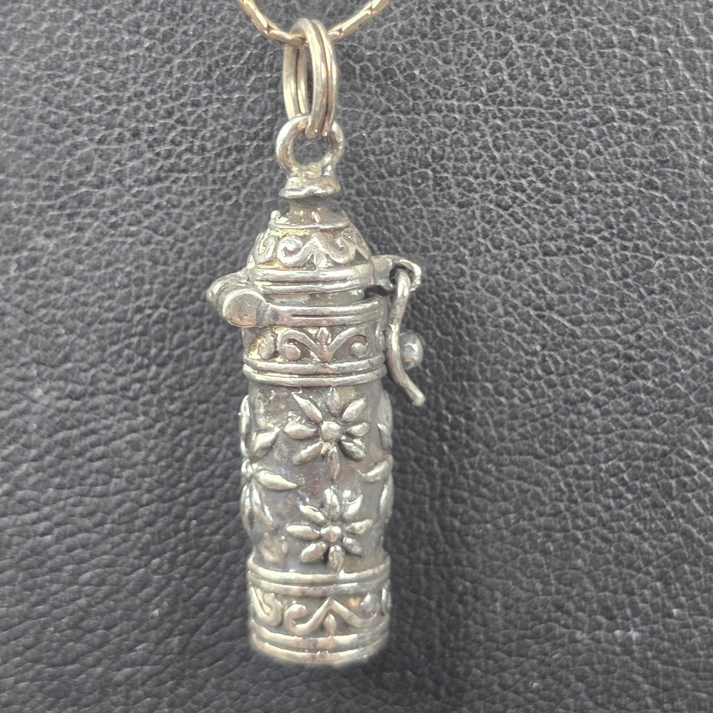 Vintage Sterling Silver Prayer Box Necklace Floral Urn Locket Pendant 18" Chain